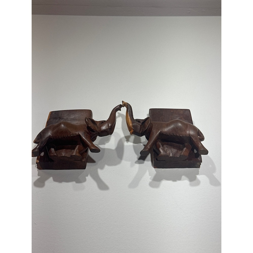 Vintage Hand Carved Wood Elephant Bookends Set Lucky Trunk Up Boho Decor